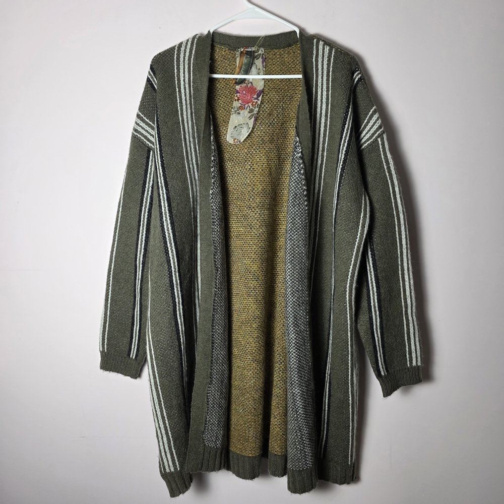 Aratta Silent Journey Anthropologie Boho Duster Cardigan Olive Mohair Tapestry